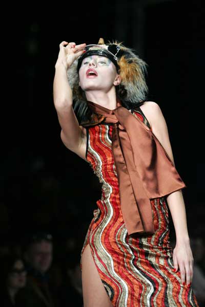  model presents a creation by Two Gun Towers during Russian Fashion Week in Moscow April 4, 2006. 
