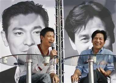 Hong Kong movie star Andy Lau, left, and South Korean actor Ahn Sung-ki attend an event as part of the 11th Pusan International Film Festival in Busan, South Korea, Friday, Oct. 13, 2006. 