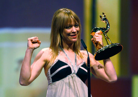 German actress Heike Makatsch holds the Bambi award she received during the 58th Bambi media awards ceremony in the southern German town of Stuttgart November 30, 2006. 