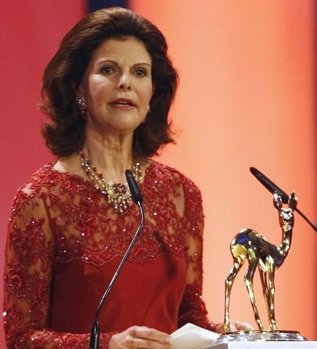 Queen Silvia of Sweden delivers her speech after she received a Bambi award during the 58th Bambi media awards ceremony in the southern German town of Stuttgart November 30, 2006.