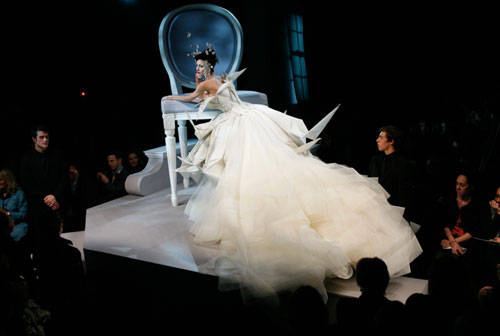 A model presents a wedding dress creation by British designer John Galliano as part of French fashion house Dior's Spring-Summer 2007 Haute Couture collection in Paris, January 22, 2007.