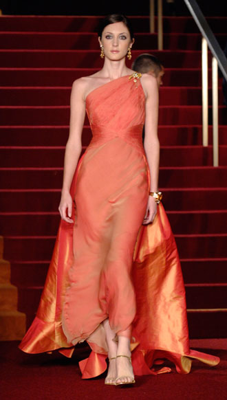 A model wears a vintage Valentino dress, worn by Jennifer Garner, at 