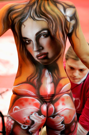A model displays a body art creation at the International Festival of Beauty in St. Petersburg February 24, 2007.