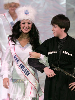 Mrs. America Diane Tucker performs during a Mrs.World 2007 contest in Russia's Black Sea resort of Sochi March 8, 2007. Tucker won the crown of Mrs. World 2007. 