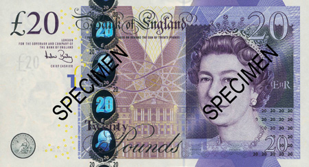 The front of the new Bank of England 20-pound note is seen in this handout image released by the Bank of England March 12, 2007. The 18th-century economist Adam Smith will feature on the new Bank of England 20-pound note, which includes enhanced security features designed to make it more difficult for counterfeiters to copy.