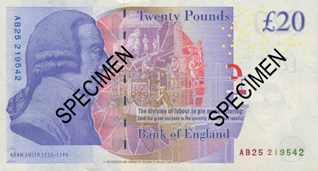 The back of the new Bank of England 20-pound note is seen in this handout image released by the Bank of England March 12, 2007. The 18th-century economist Adam Smith will feature on the new Bank of England 20-pound note, which includes enhanced security features designed to make it more difficult for counterfeiters to copy.