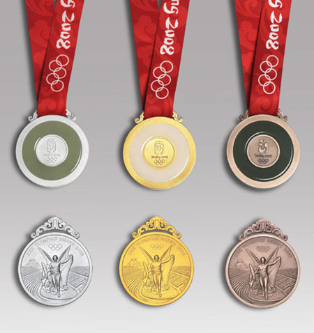 The Beijing Olympic medals are shown in this handout photograph during the Olympic Medal Launching Ceremony in Beijing March 27, 2007. The launching of the medals coincided with the 500 day countdown to the Olympic Games in China's capital which will fall on August 8, 2008. 