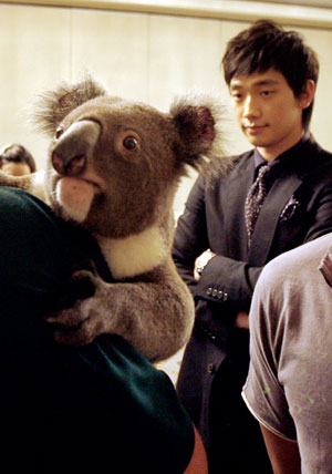 South Korean singer Rain looks at an Australia koala known as 