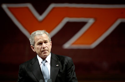U.S. President George W. Bush addresses a convocation a day after killings at Virginia Tech in Blacksburg, Virginia, April 17, 2007. Virginia Tech student Cho Seung-hui from South Korea was identified on Tuesday as the gunman who killed 32 people at the university in the deadliest shooting rampage in modern U.S. history.
