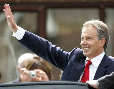 Britain's Prime Minister Tony Blair departs from Trimdon Labour Club in Trimdon, northeast England, May 10, 2007. 