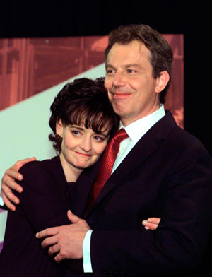 Britain's Tony Blair embraces his wife Cherie Booth in Sedgefield, northern England after being elected in this May 2, 1997 file photograph. Blair said May 10 he will quit on June 27, 10 years after winning power in what was hailed as a new dawn for Britain that has since been darkened by the Iraq war.