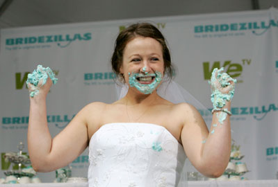 Stephanie Florio reacts after winning the WE tv network's 'Bridezilla-Ultimate Cake Eating Contest' in New York's Times Square June 12, 2007. The cable channel gave away a $25,000 prize to kick off the fourth season of their 'Bridezillas' series. 