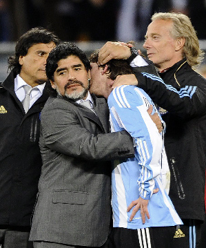 Argentina's coach Diego Maradona reacts in quarter-final match against Germany