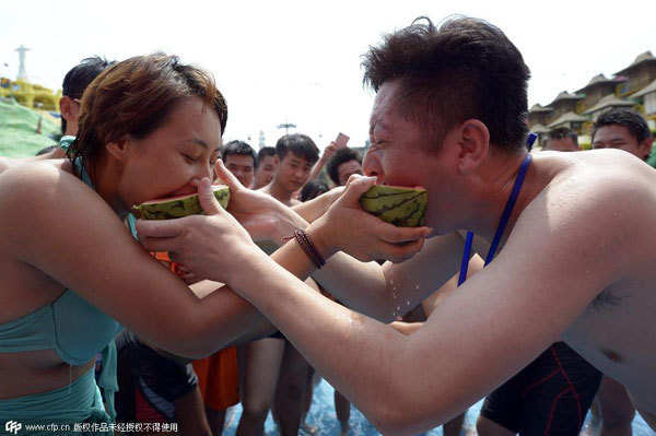 Eating watermelon on water