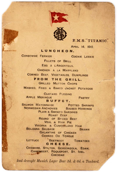 泰坦尼克号“最后的午餐”菜单拍出8.8万美元