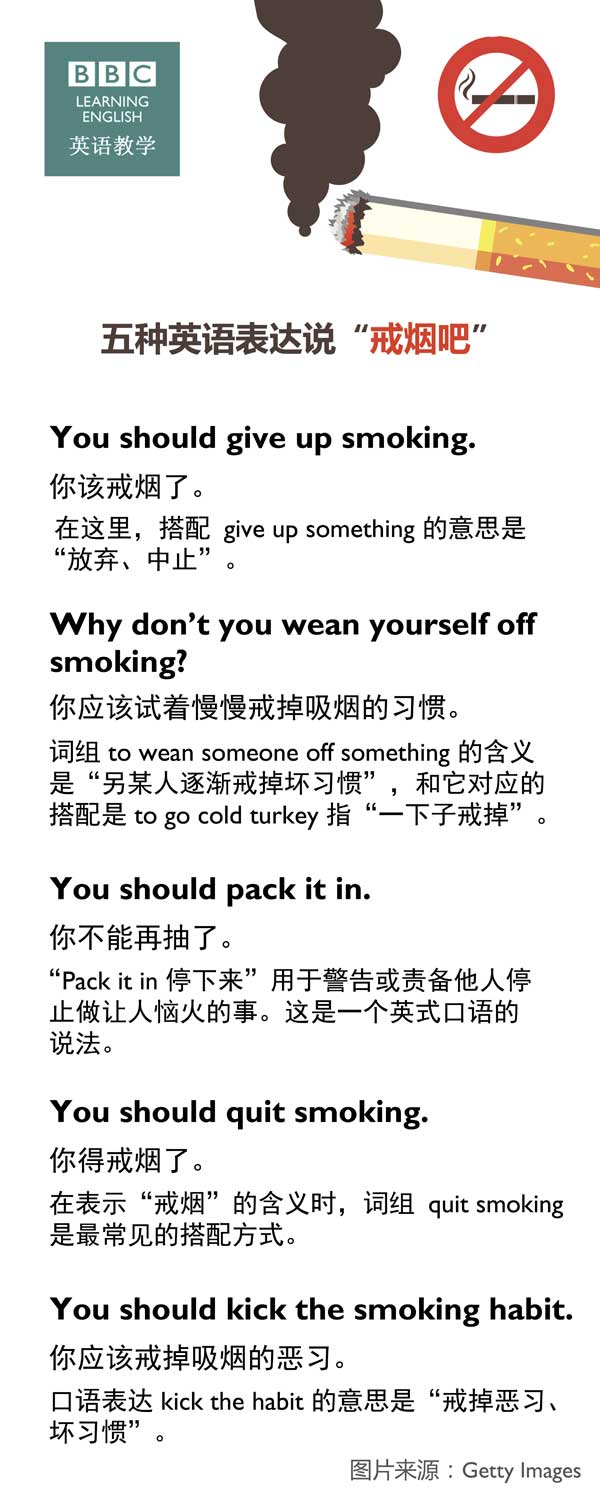 五种英语表达说戒烟吧
