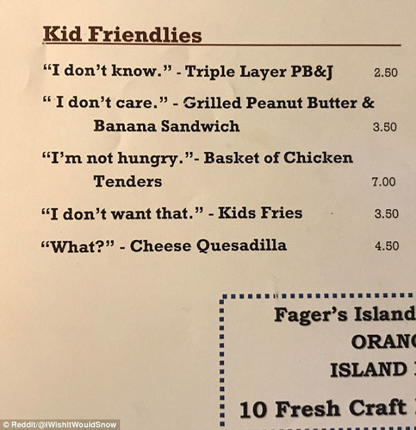 为孩子设计的菜单：餐馆将孩子的牢骚话译成菜名