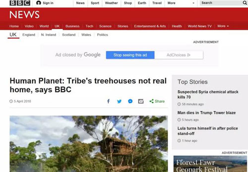 BBC《人类星球》造假被自家拆穿 为摆拍搭建树屋