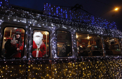 Christmas lights decorate Budapest trams