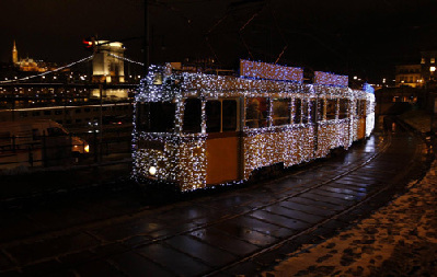Christmas lights decorate Budapest trams