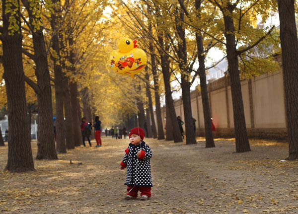 聚焦秋色：小女孩手拿“小黄鸭”气球