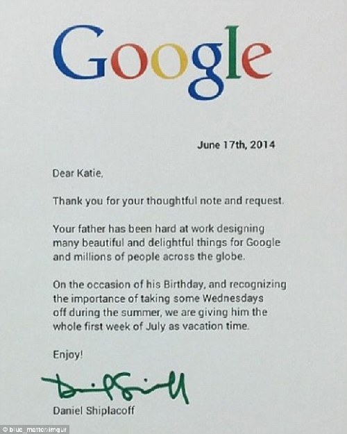 谷歌员工女儿写信为父请假一天 获批一周
