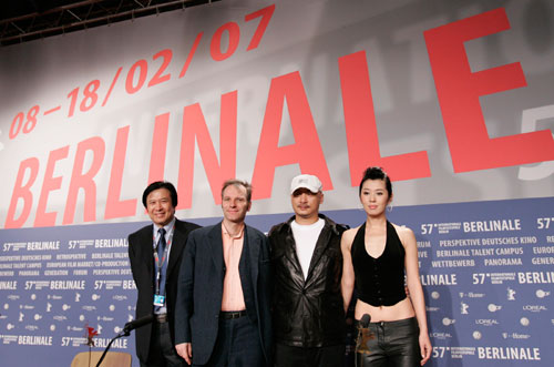 Producer Le Wang (L-R), director of photography Lutz Reitemeier, director Quan-An Wang and actress Nan Yu pose before the start of the news conference to present the film 'Tuya's Marriage' running in competition at the 57th Berlinale International Film Festival in Berlin February 10, 2007. The festival runs from February 8-18.
