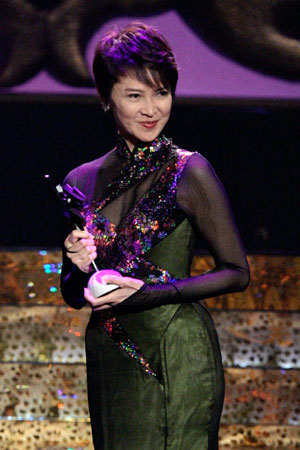 Hong Kong actress Josephine Siao holds her trophy for Outstanding Contribution to Asian Cinema at the Asian Film Awards during Entertainment Expo Hong Kong, in Hong Kong March 20, 2007.