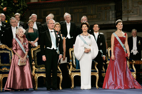 Members of the Swedish royal family Princess Lilian, King Carl Gustaf, Queen Silvia and Crown Princess Victoria (front L-R) attend the Nobel Prize ceremony in Stockholm December 10, 2006.