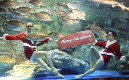Santas wish you merry Christmas at aquarium