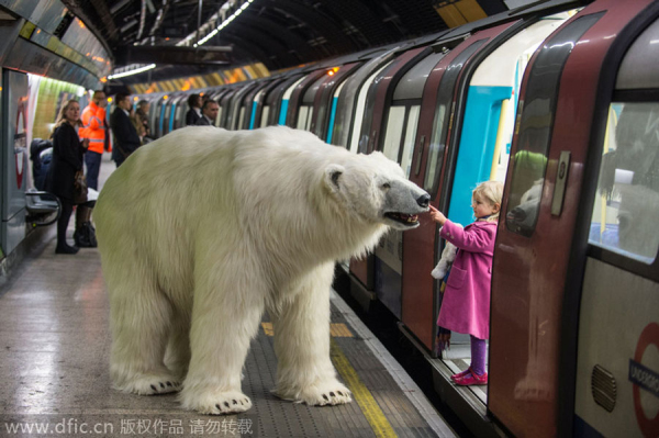 伦敦街头惊现“北极熊” 形象逼真吓坏路人