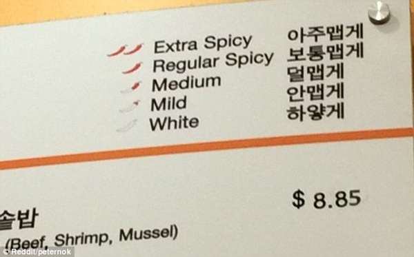 韩餐馆菜单辣度标示惹争议 “白色食品”代表不辣被指歧视