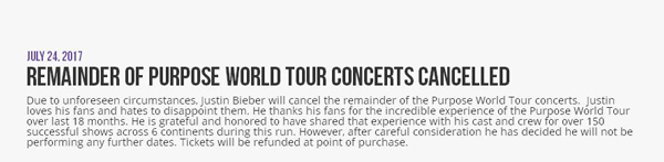 贾斯汀·比伯宣布取消其他世界巡回演唱会