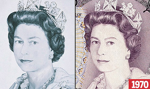 Changing faces of British Queen on pound notes